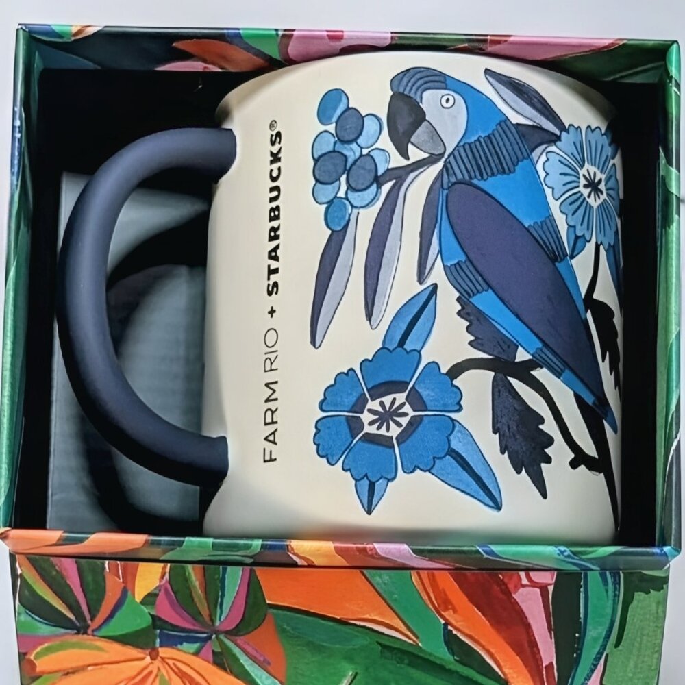 Starbucks x Farm Rio Lenco Asulejo White Blue Toucan/Macaw Ceramic Mug 14 oz - Picture 3 of 7